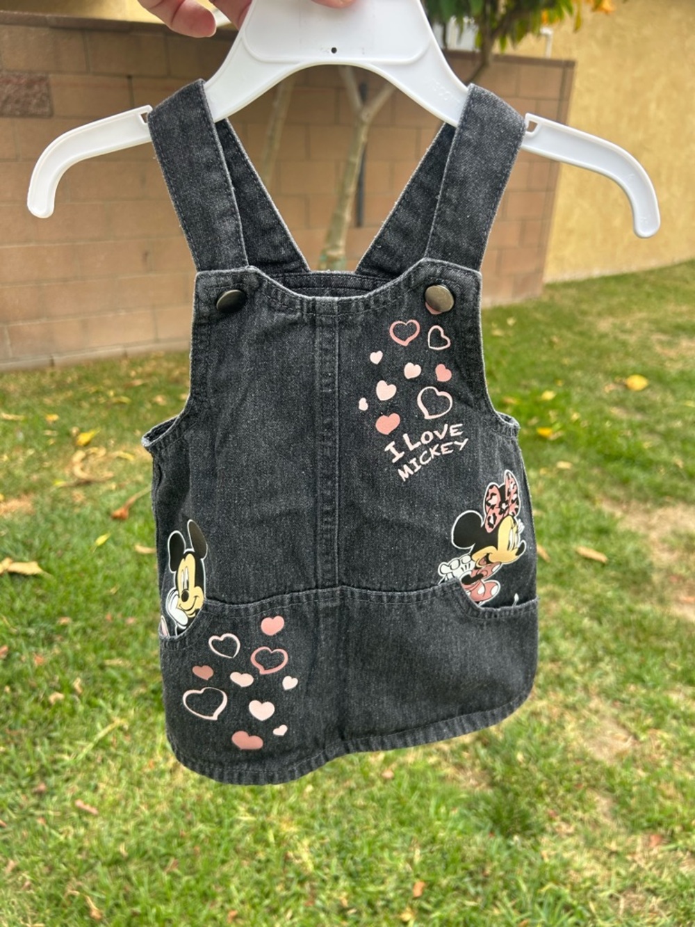Disney Black Denim Overall Dress with Pink Heart & Mickey Graphics